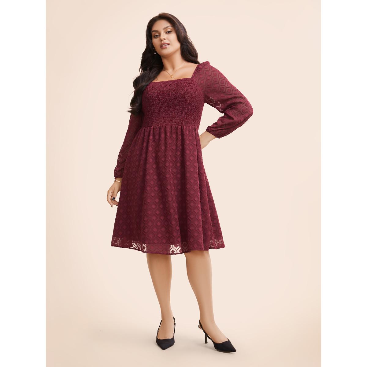 Plus Size Square Neck Textured Mesh Shirred Dress Burgundy Women Elegant Texture Square Neck Long Sleeve Curvy BloomChic 30/6X Product Image