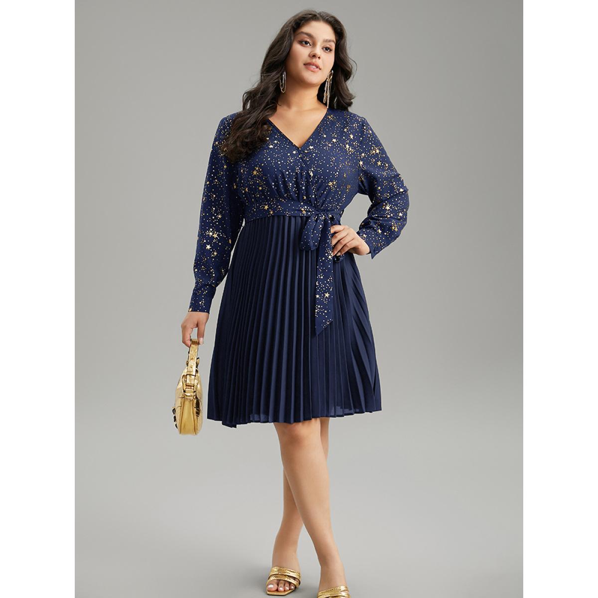 Plus Size Star Glitter Belted Pleated Wrap Dress DarkBlue Women Cocktail Belted V-neck Long Sleeve Curvy Midi Dress BloomChic 14-16/1X Product Image