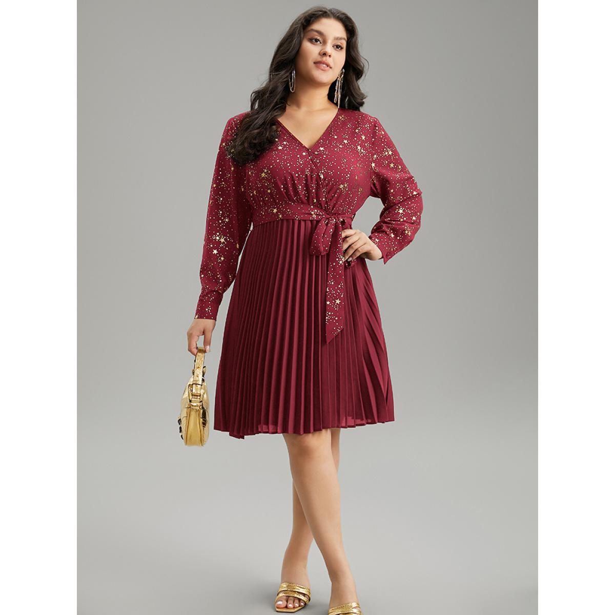 Plus Size Star Glitter Belted Pleated Wrap Dress Burgundy Women Cocktail Belted V-neck Long Sleeve Curvy Midi Dress BloomChic 12/L Product Image