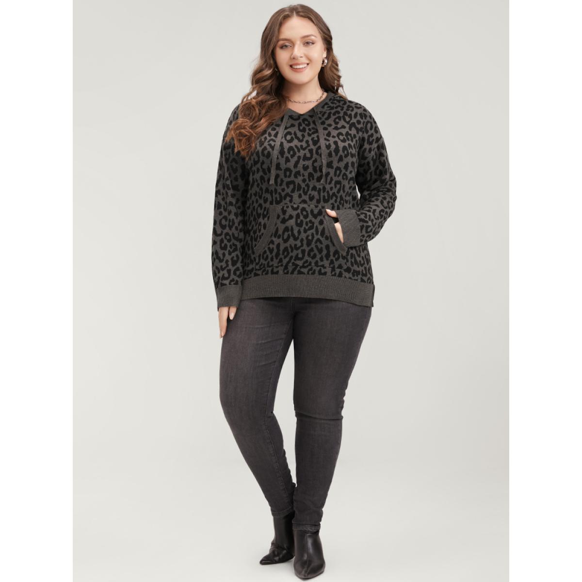 Plus Size Leopard Contrast Pointelle Knit Pocket Drawstring Hooded Knit Top DimGray Women Casual Long Sleeve Hooded Dailywear Pullovers BloomChic 28/5X Product Image
