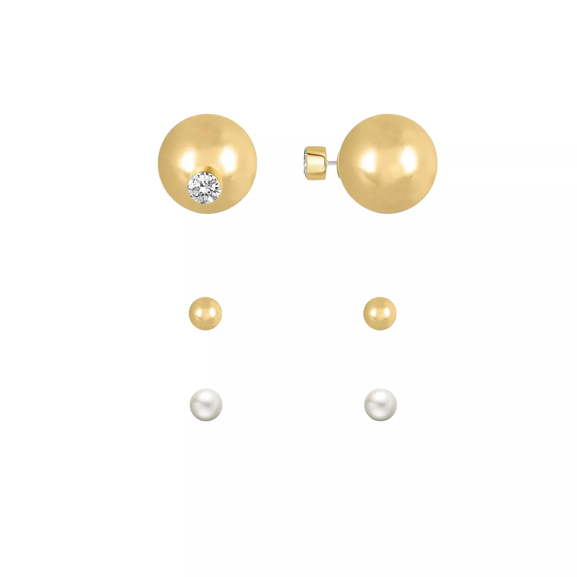 Royal Aura Gold Tone Sphere & Simulated Pearl Stud Earring Trio Set, Women's, Gold Tone Team Product Image