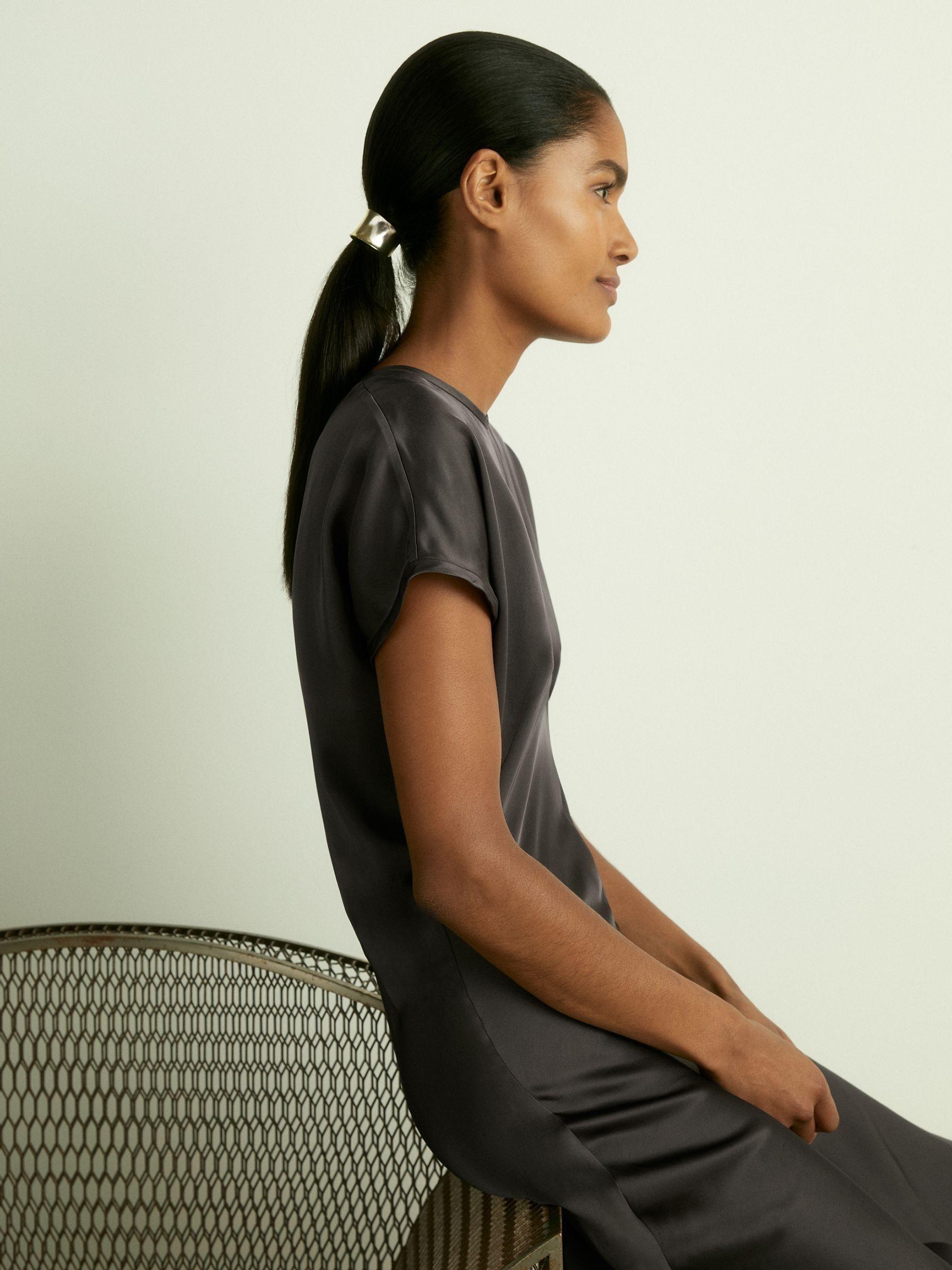 Satin Short-Sleeve Midi Dress in Charcoal Product Image