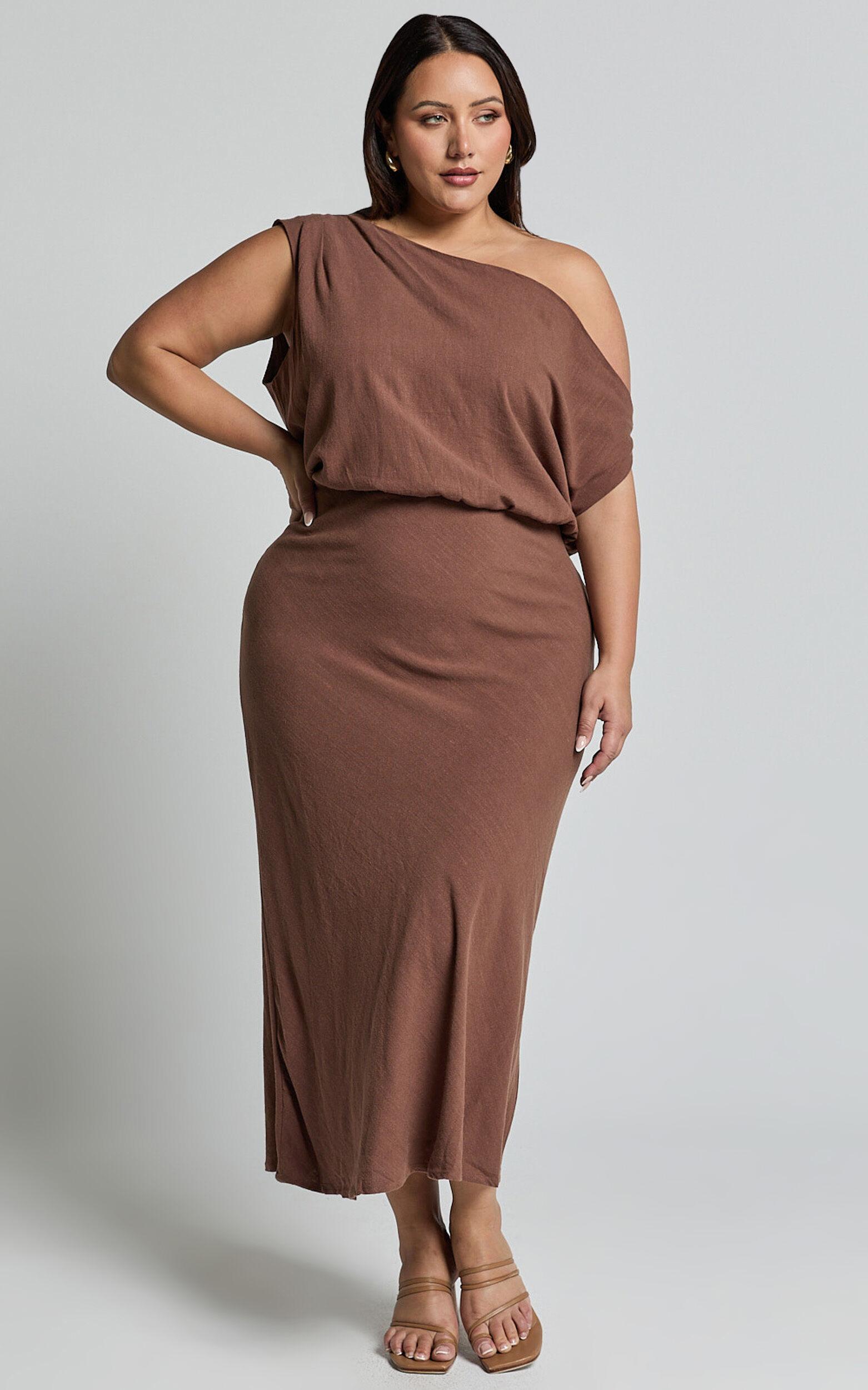 Jacqueline Midi Dress - Linen One Shoulder Dress in Chocolate Product Image