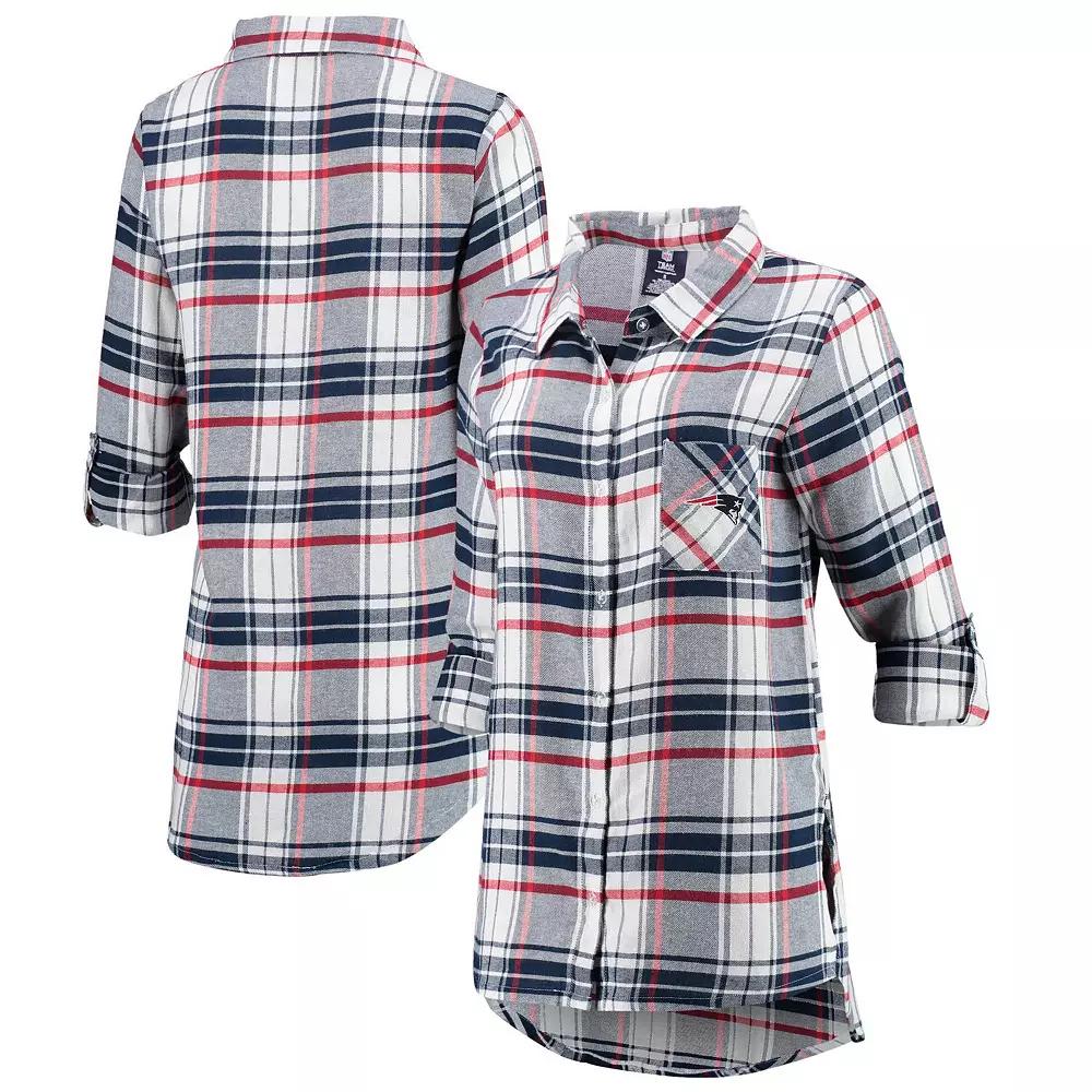 Women's Concepts Sport Navy/Red New England Patriots Accolade Flannel Long Sleeve Button-Up Nightshirt, Size: XL, Blue Product Image