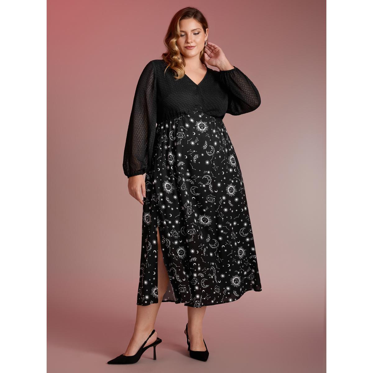 Plus Size Starry Adventure Contrast Sheer Midi Dress Black Women Timeless V-neck Extra Long Sleeve Curvy BloomChic 22-24/3X Product Image