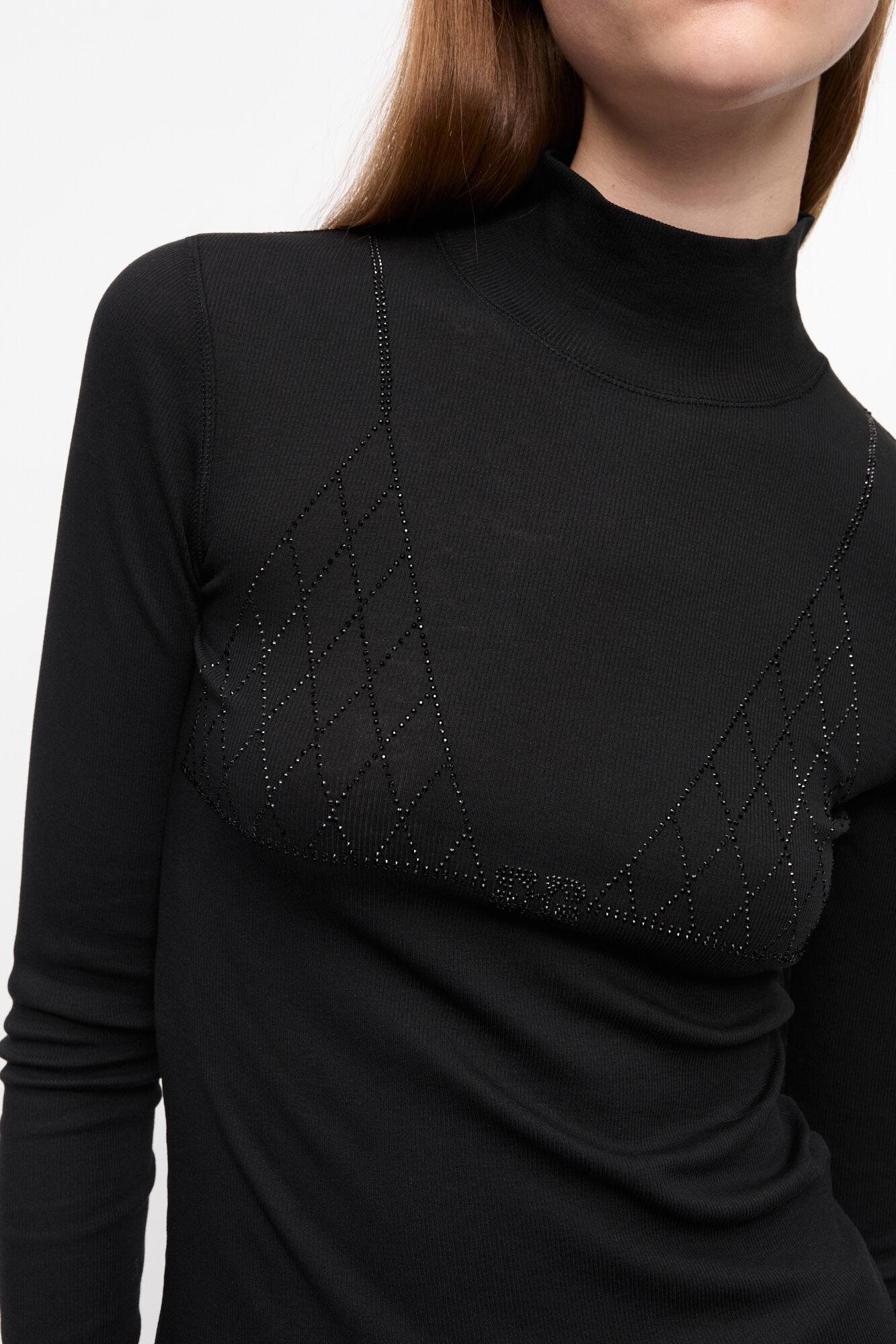 Black Soft Cotton Rib Rhinestone Top Product Image