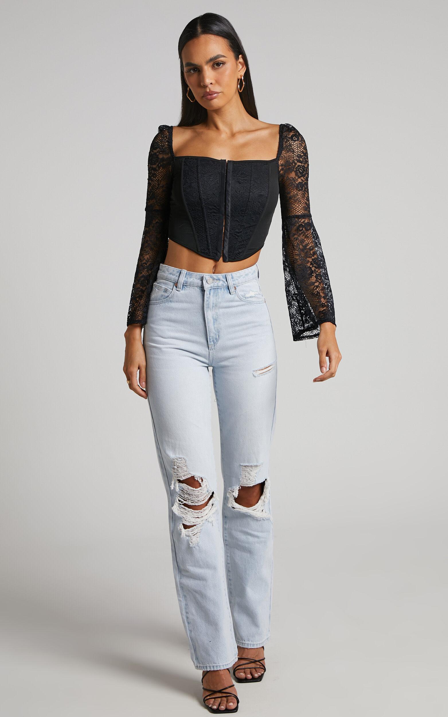 Sienna Top - Lace Bell Sleeve Corset Top in Black Product Image