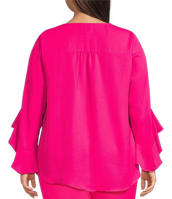 Vince Camuto Plus Size Luxe Crepe De Chine 3/4 Ruffle Sleeve V-Neck Crisscross Hem Tunic Product Image