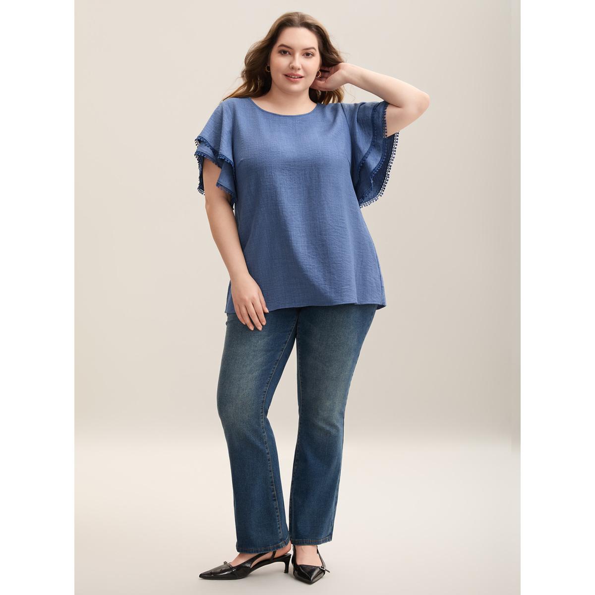 Plus Size Stone Textured Layered Ruffle Sleeve Lace Blouse Women Elegant Short sleeve Round Neck Everyday-Elegant Blouses BloomChic 30/6X Product Image