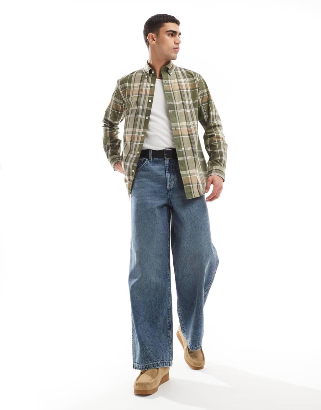 Polo Ralph Lauren icon logo check stretch poplin shirt in dark green Product Image