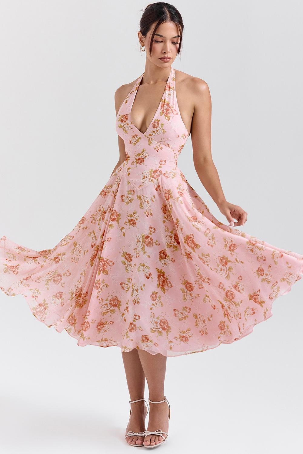 Solada  english vintage rose print georgette halter sundress Product Image