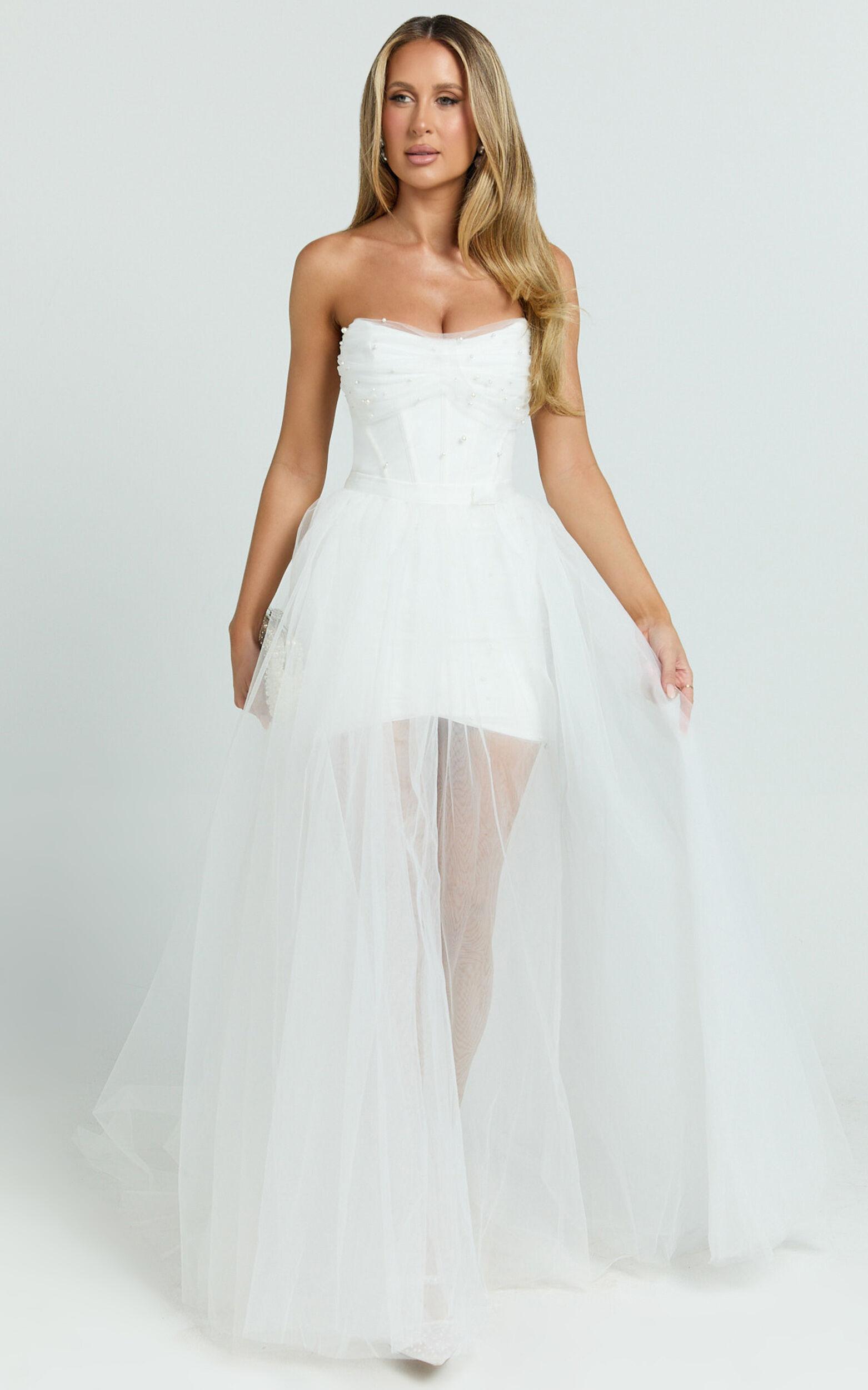 Kelsey Mini Dress - Beaded Strapless Corset Panel Dress with Detachable Tulle Skirt in White Product Image