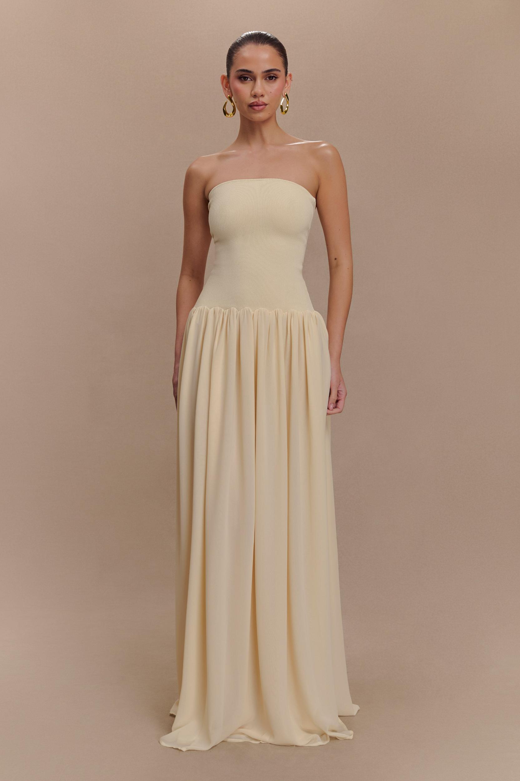 Lyanna Knit And Chiffon Strapless Maxi Dress - Cream Product Image