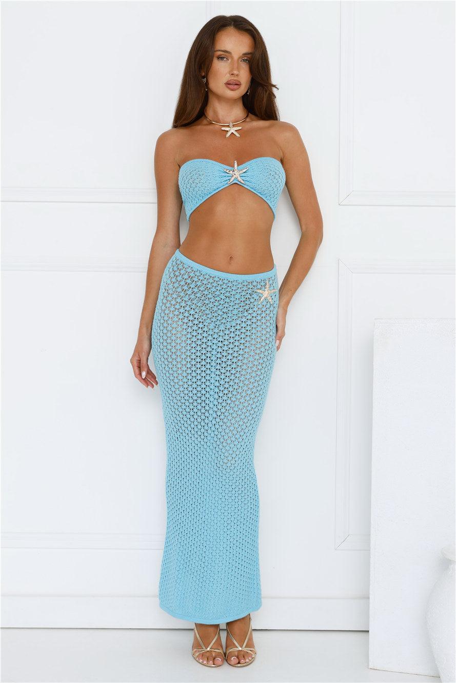 Moonlit Shores Strapless Crochet Crop Top Aqua Product Image