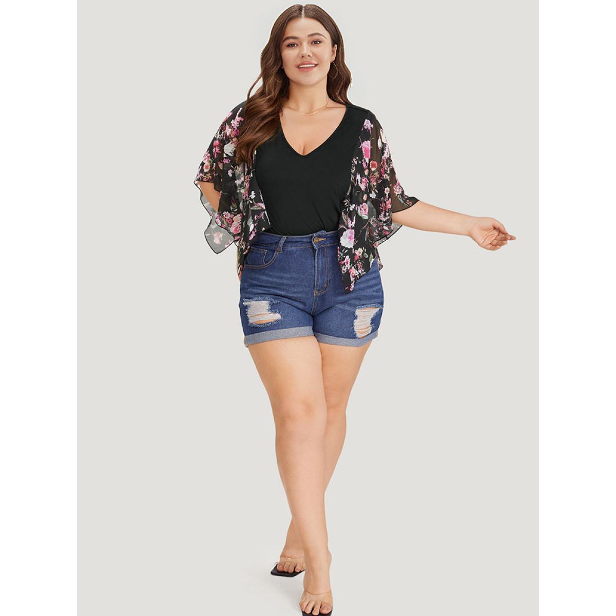 Plus Size Floral Print Patchwork Mesh Asymmetrical Sleeve Bodysuit Women Black Ditsy Floral Printed Bodysuits BloomChic 30/6X Product Image