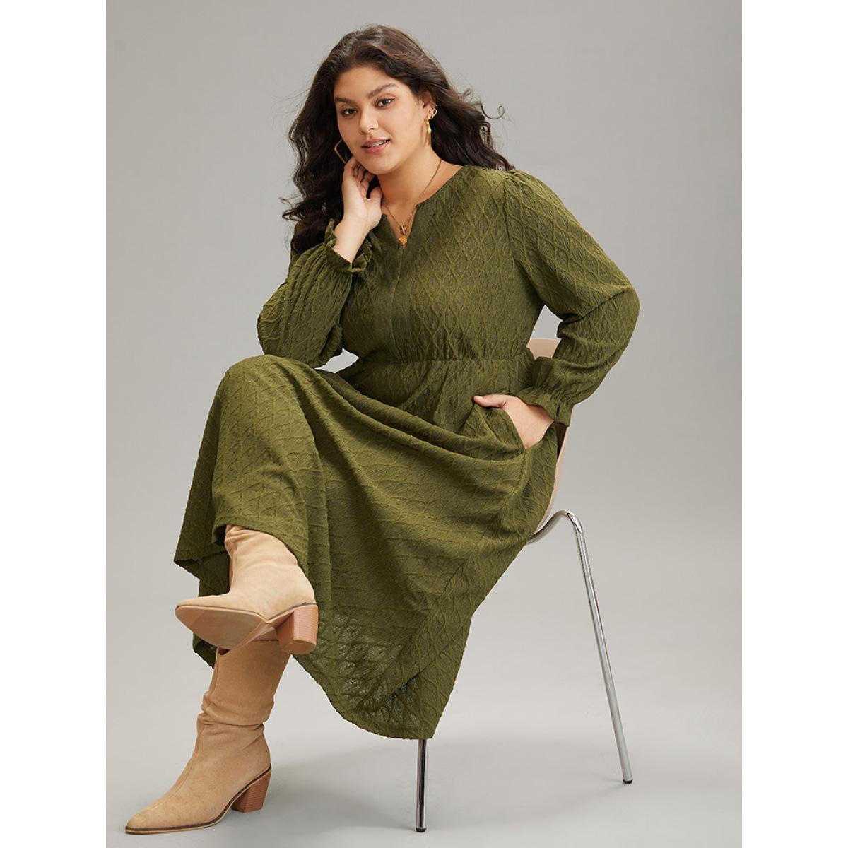 Plus Size Textured Jacquard Notched Ruffle Sleeve Dress ArmyGreen Women At the Office Texture Notched collar Long Sleeve Curvy Midi Dress BloomChic 14-16/1X Product Image