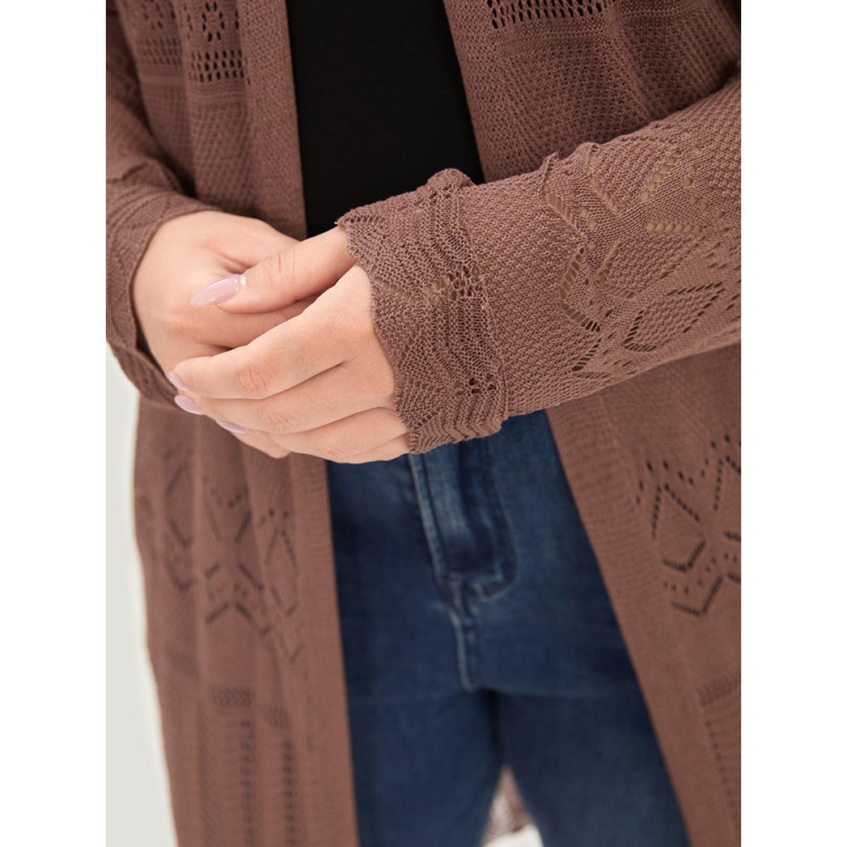 Plus Size Geometric Eyelet Open Front Maxi Cardigan Rust Women Casual Loose Long Sleeve Everyday Cardigans BloomChic 26/4X Product Image