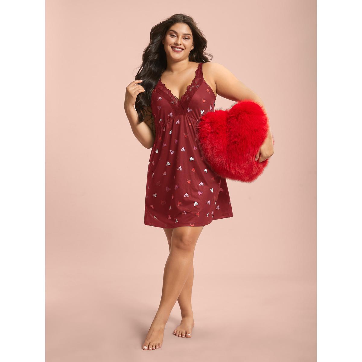 Plus Size Multi-Color Lace Trim Stitch Lounge Dress Women Crimson Lounge Woven ribbon&lace trim Deep V-neck Loungewear BloomChic 18-20/2X Product Image