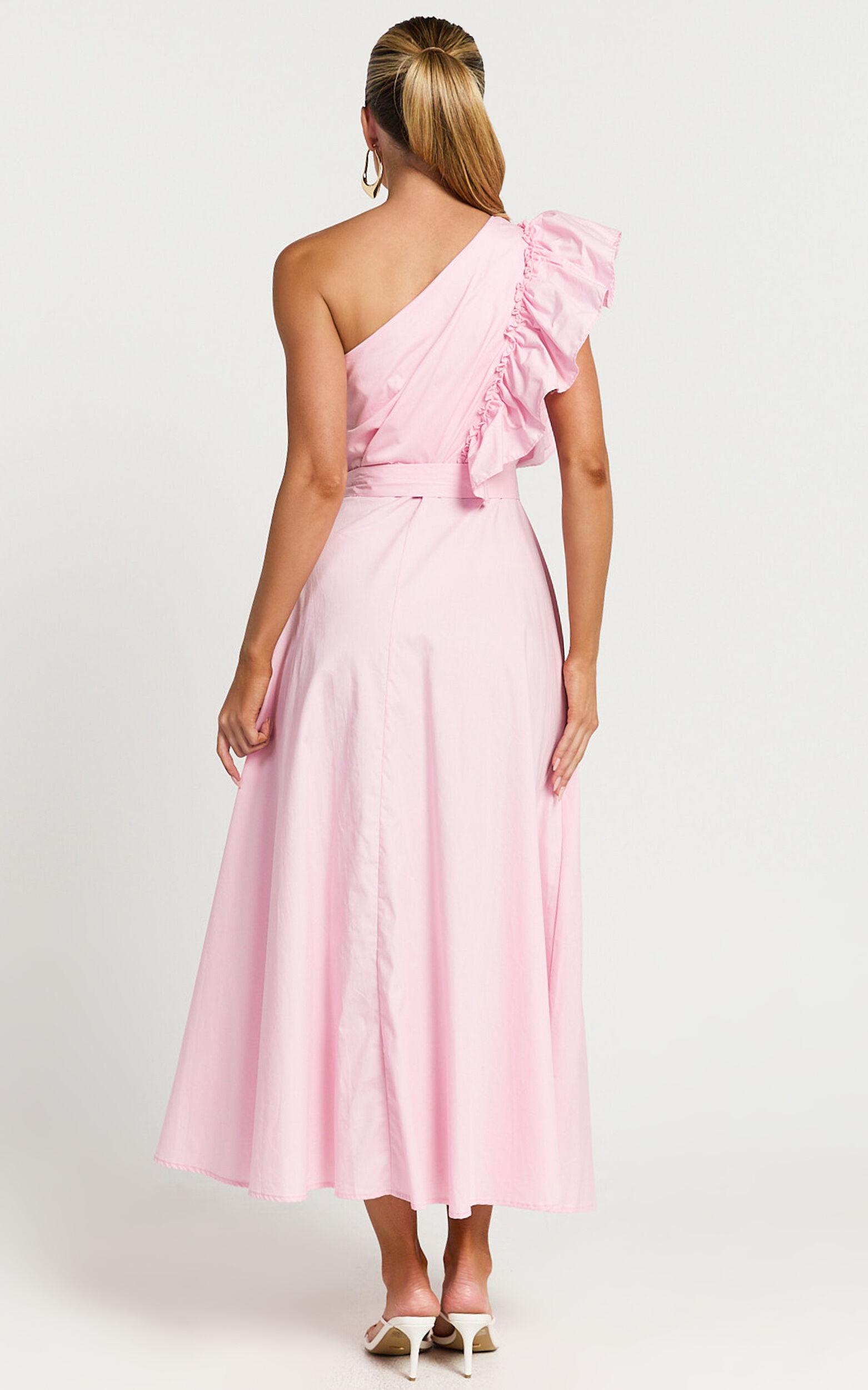 Almeida Midi Dress - One Shoulder Ruffle Detail Belted Dress in Pink Product Image