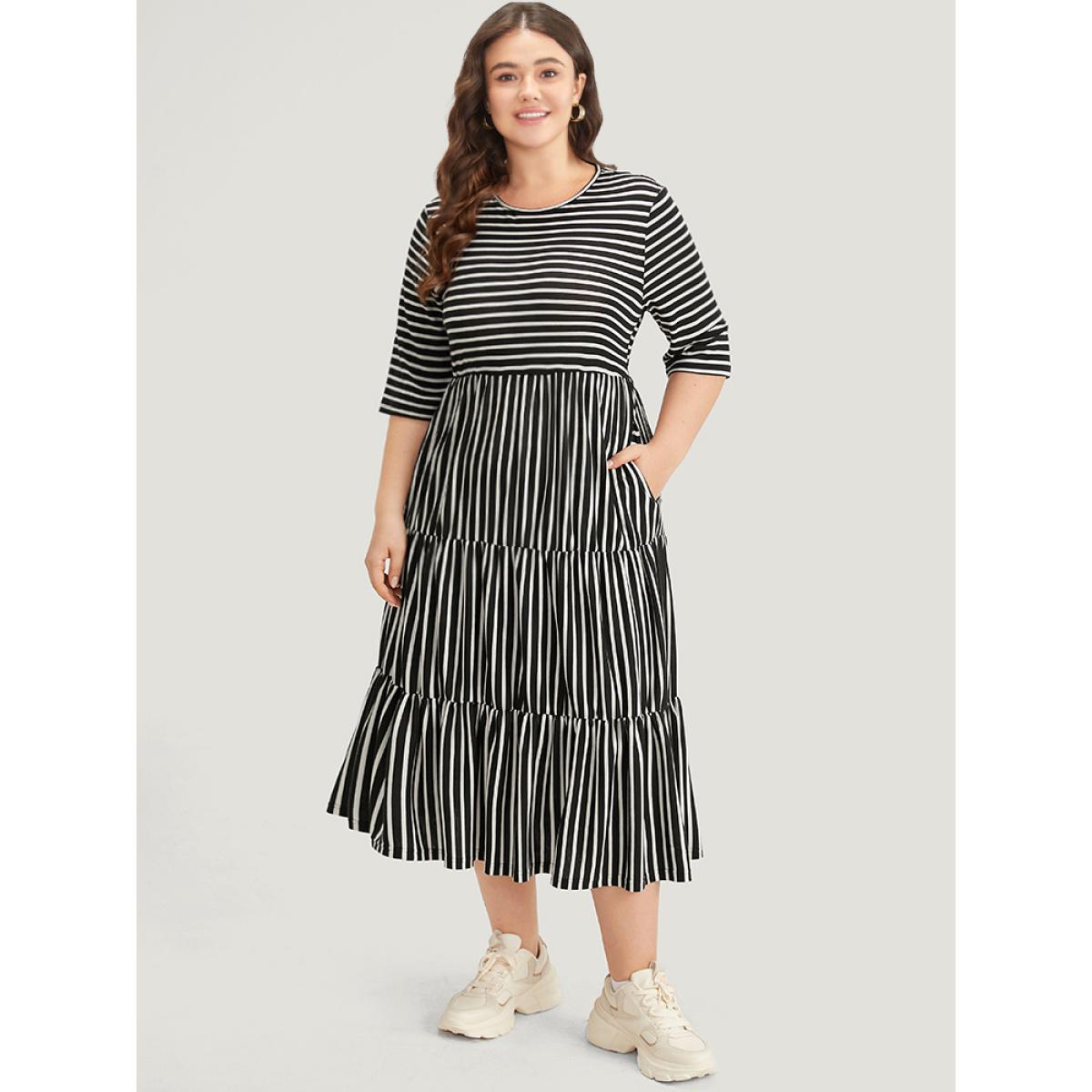 Plus Size Striped Crew Neck Ruffle Layered Hem Dress Black Women Casual Printed Round Neck Half Sleeve Curvy Midi Dress BloomChic 18-20/2X Product Image