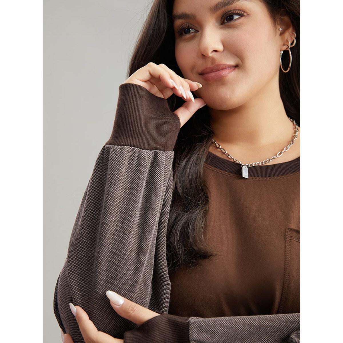 Plus Size Two Tone Patched Pocket Drop Shoulder Sweatshirt Women DarkBrown Casual Elastic cuffs Round Neck Everyday Sweatshirts BloomChic 26/4X Product Image