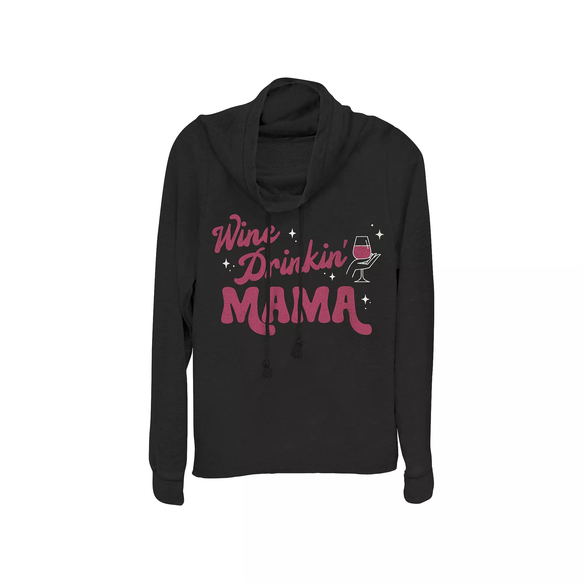 Women's Wine Drinking Mama Cowlneck Graphic Lightweight Long Sleeve, Size: Large, Black Product Image