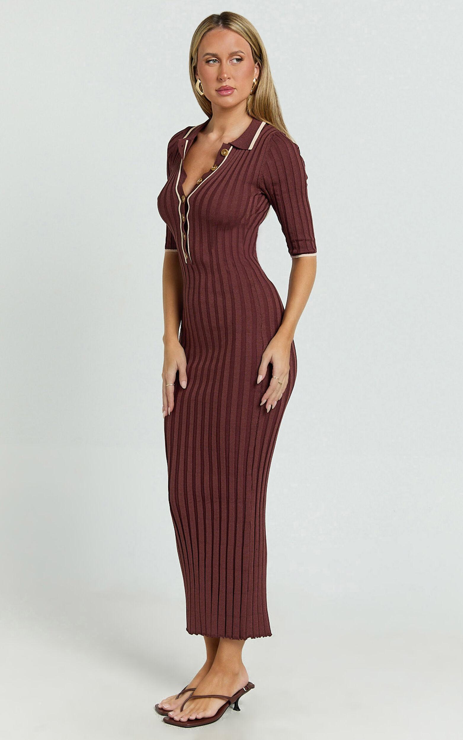 Lada Midi Dress - Short Sleeve Button Front Knit Dress in Chocolate Product Image