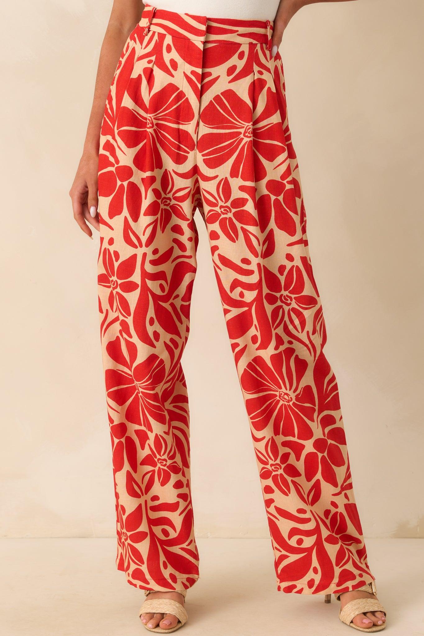 Aylaya Red Floral Print Linen Blend Key West Pants Product Image