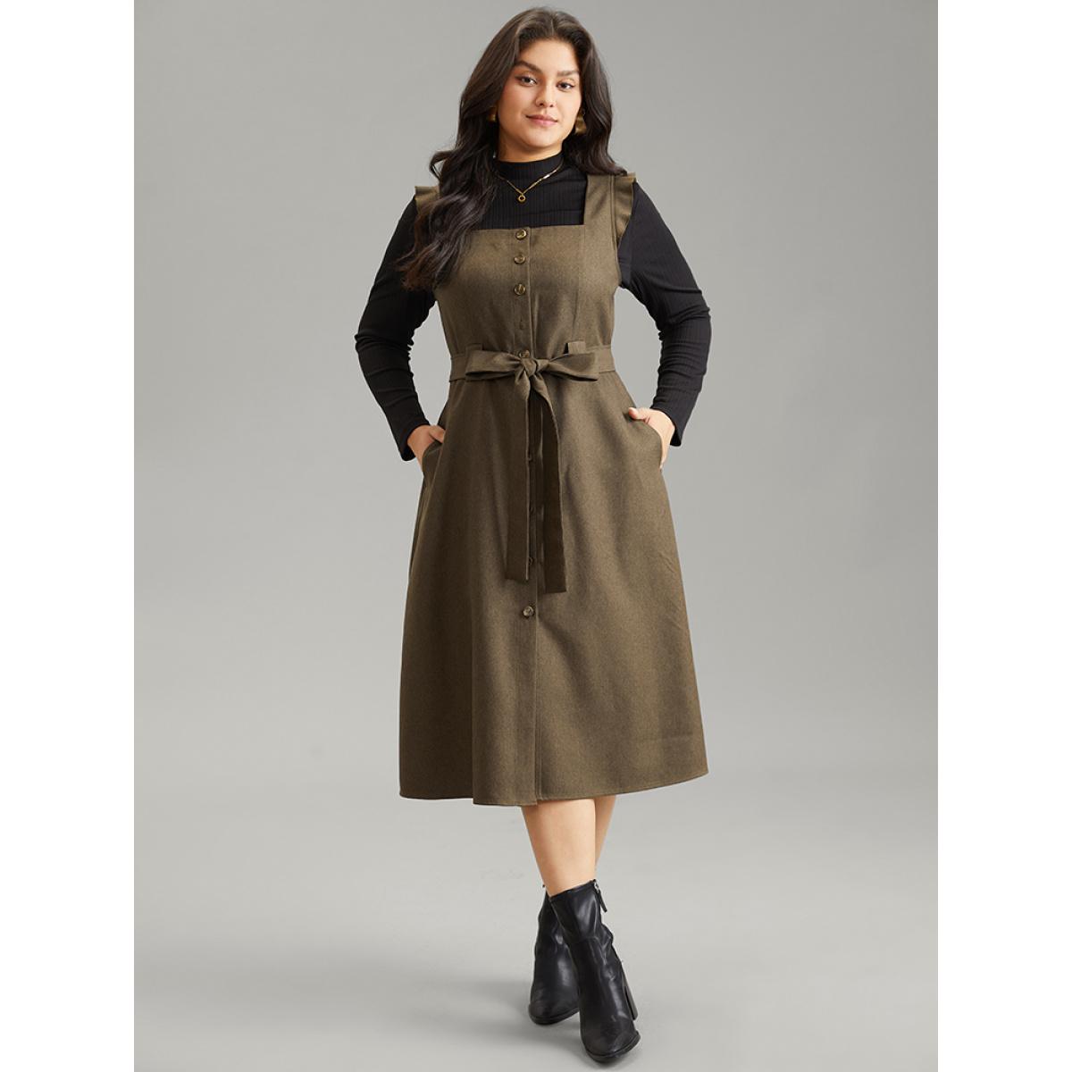 Plus Size Solid Belted Ruffle Trim Button Through Sleeveless Dress ArmyGreen Women Office Plain Square Neck Sleeveless Curvy Midi Dress BloomChic 12/L Product Image