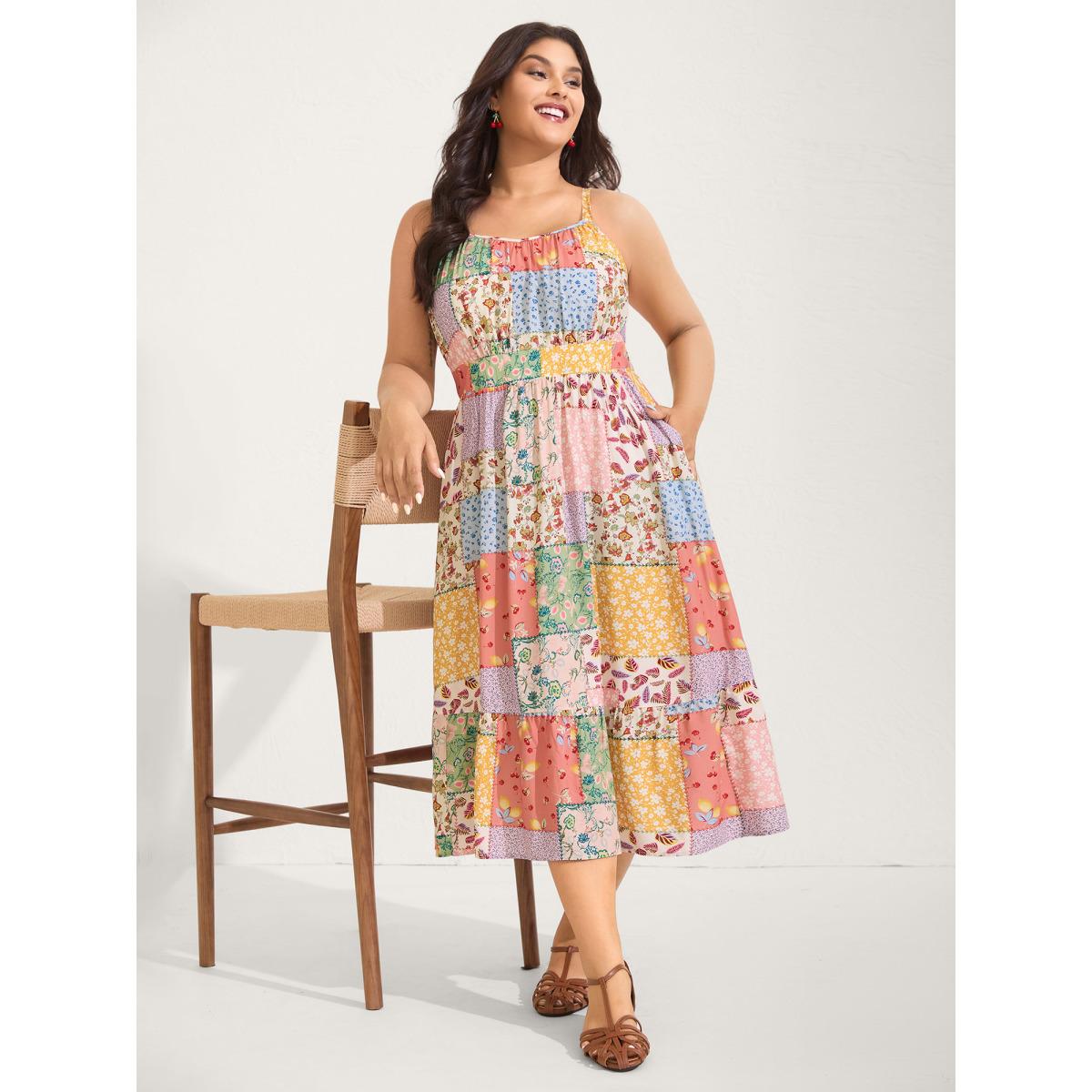 Plus Size Sunkissed Collage Print Flared Midi Dress Multicolor Women Playful Heart neckline Sleeveless Curvy BloomChic 22-24/3X Product Image