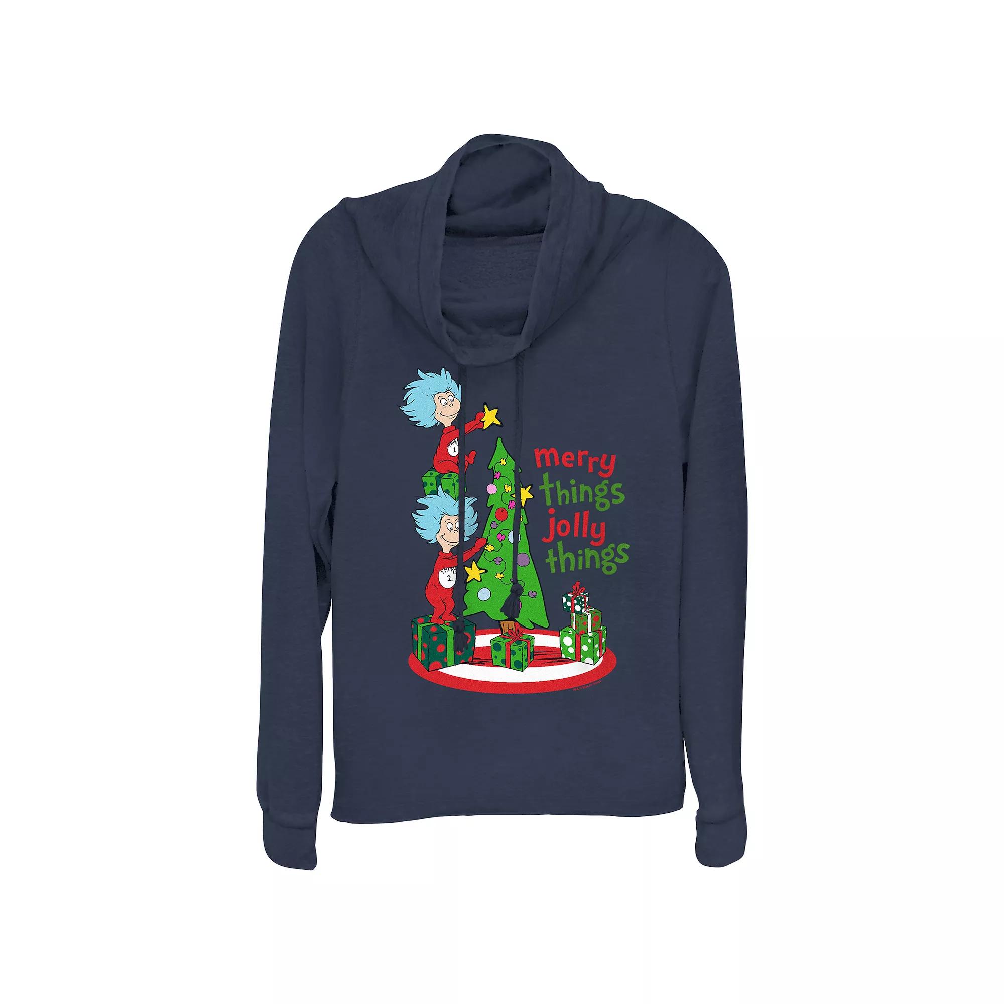 Women's Dr. Seuss Thing 1 And Thing 2 Merry Things Jolly Things Cowlneck Graphic Lightweight Long Sleeve, Size: XS, Blue Product Image