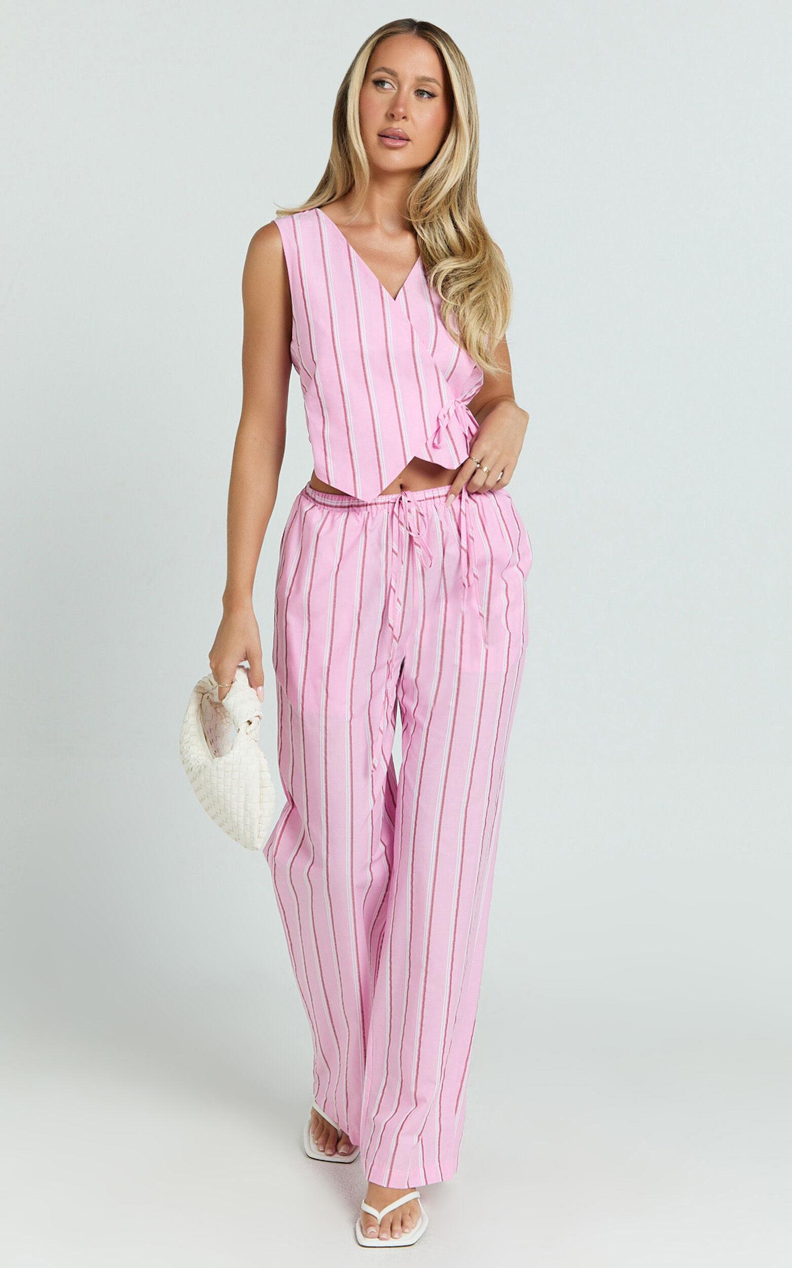 Layla Pants - Mid Waisted Relaxed Elastic Waist Pants in Pink Stripe Product Image