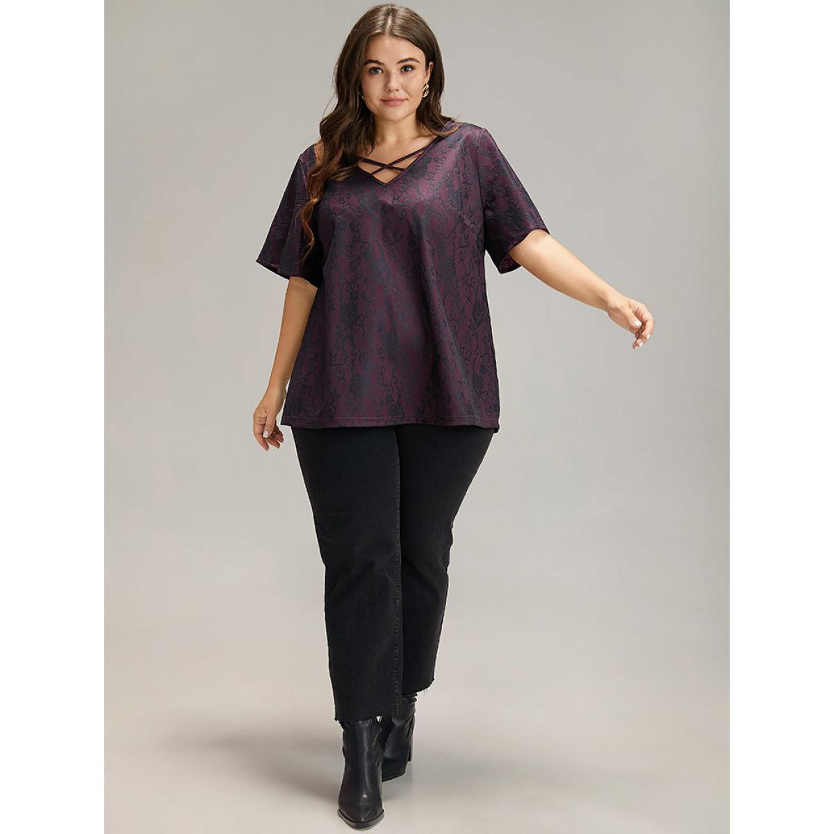 Plus Size Lace Crisscross Neck T-shirt Burgundy Women Elegant Lace Silhouette Floral Print V-neck Dailywear T-shirts BloomChic 28/5X Product Image