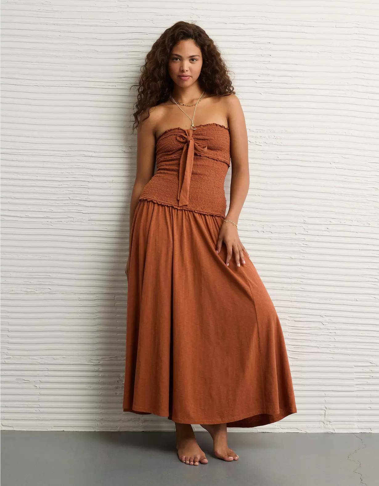 AE Sunchaser Knit Smocked Drop Waist Midi Dress Product Image