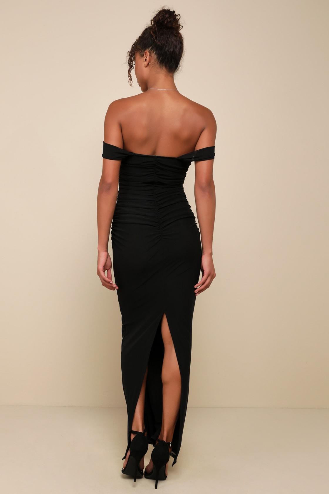 Amazing Presence Black Mesh Ruched Column Maxi Dress Product Image