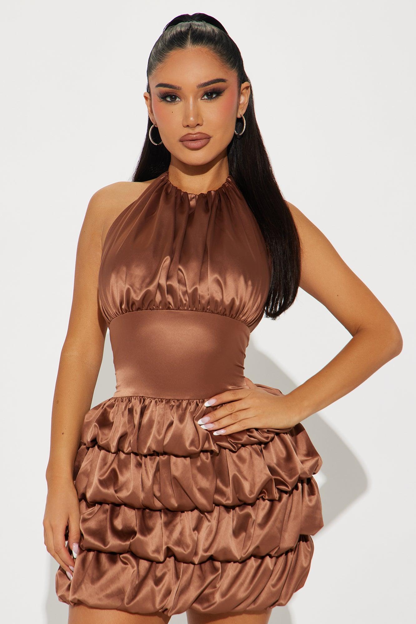 Out The Gallery Satin Bubble Mini Dress - Mocha Product Image