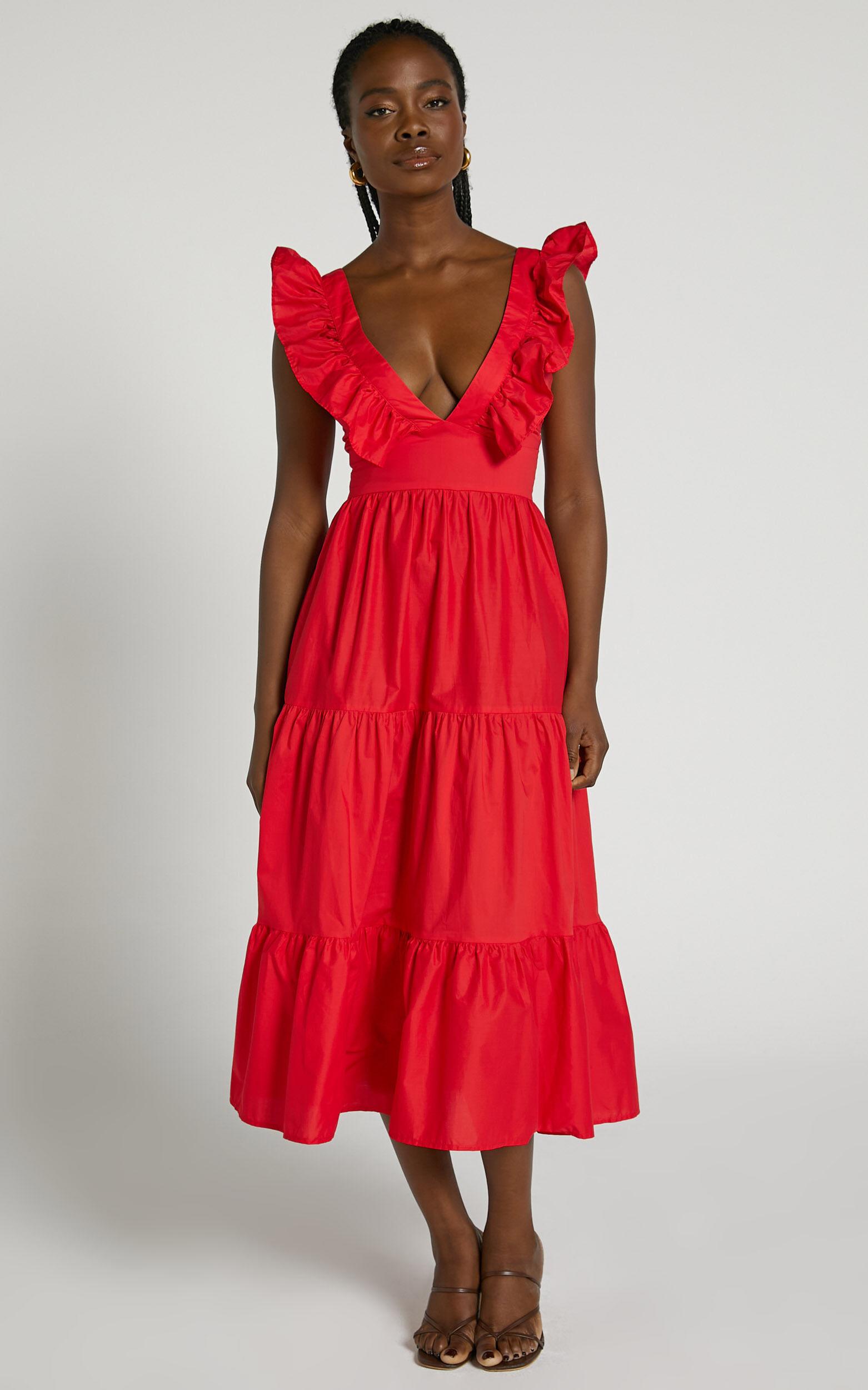 Levona Midi Dress - Ruffle Shoulder Tiered Dress in Cherry Tomato Product Image