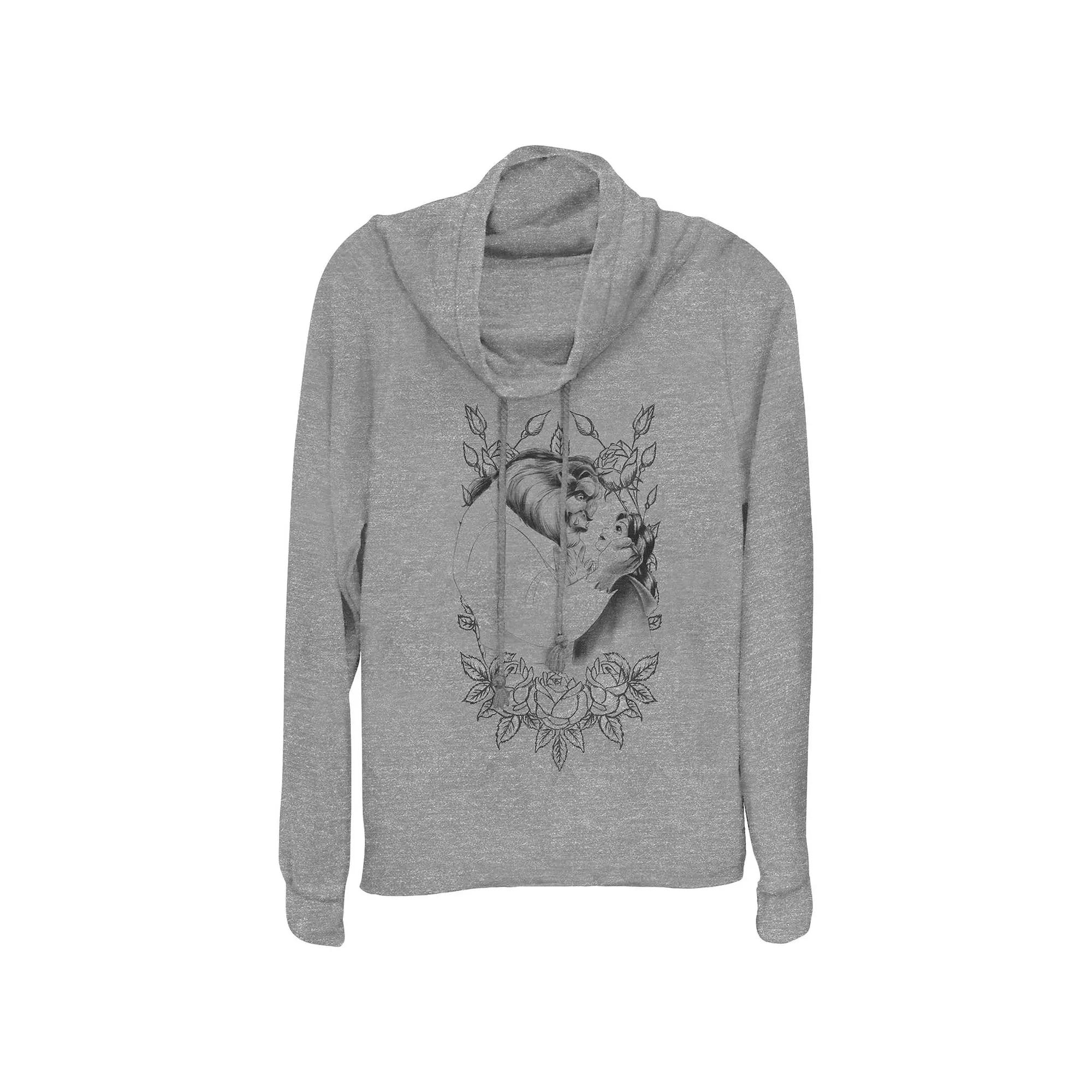 Disney's Beauty And The Beast Belle And Beast Rose Sketch Women's Cowlneck Graphic Lightweight Long Sleeve,  Product Image