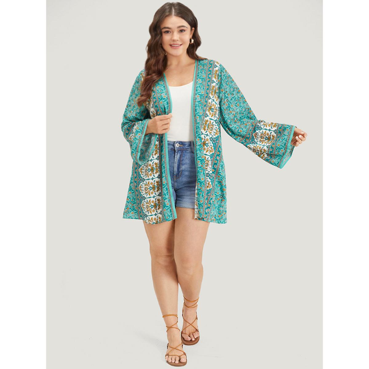 Plus Size Boho Print Flutter Sleeve Open Front Kimono Women Turquoise Casual Printed Loose Dailywear Kimonos BloomChic 18-20/2X Product Image