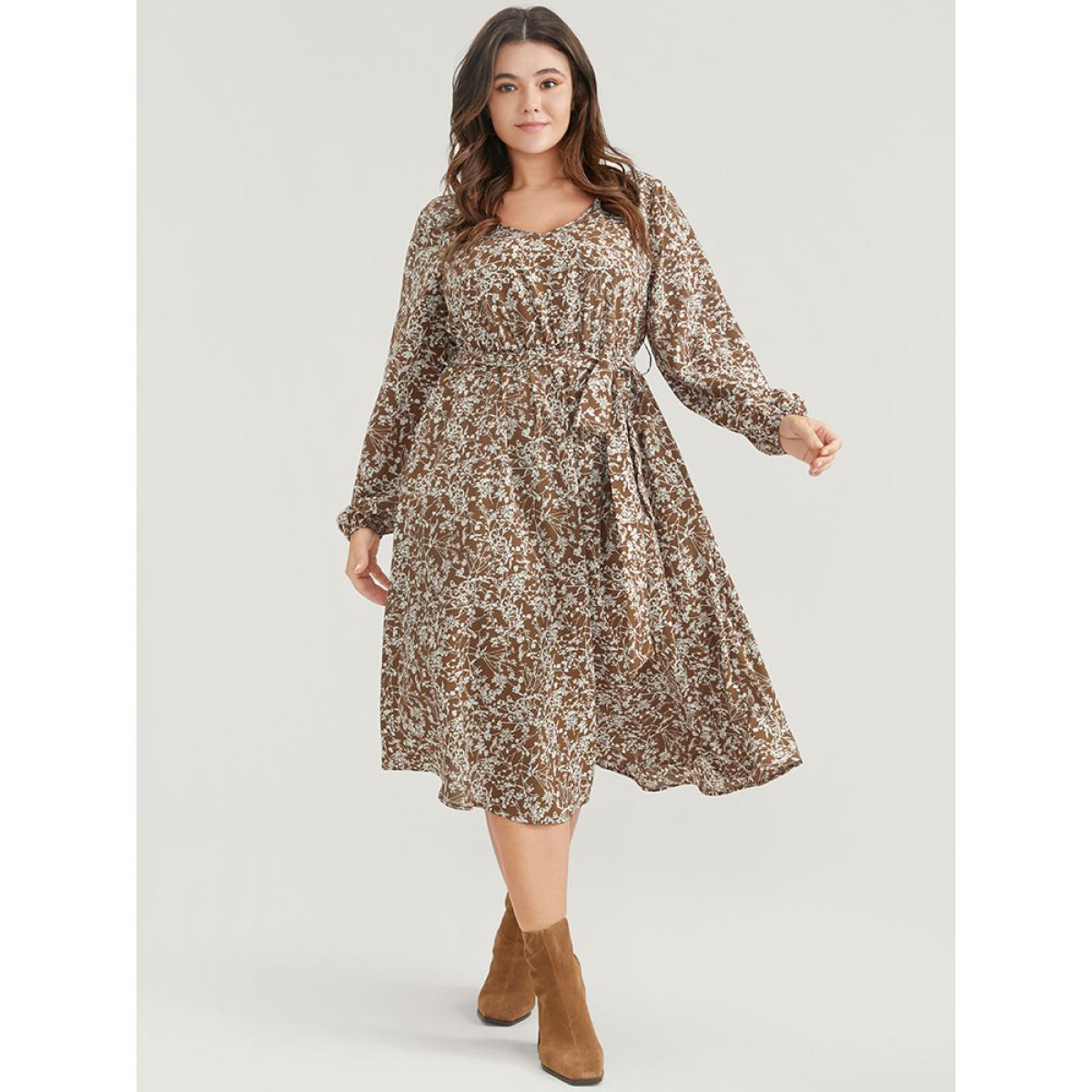 Plus Size Ditsy Floral Lantern Sleeve Pocket Belted Dress Bronze Women Elegant Belted V-neck Long Sleeve Curvy Midi Dress BloomChic 10/M Product Image