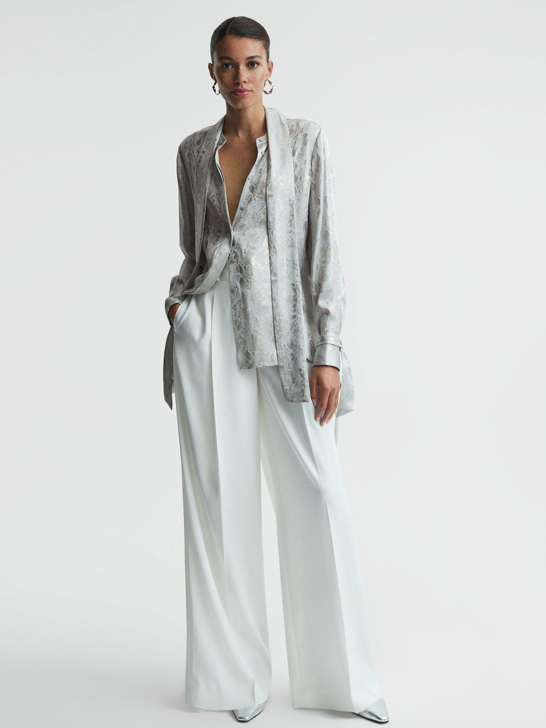 Premium Metallic Removable Tie Detail Blouse in Silver Product Image