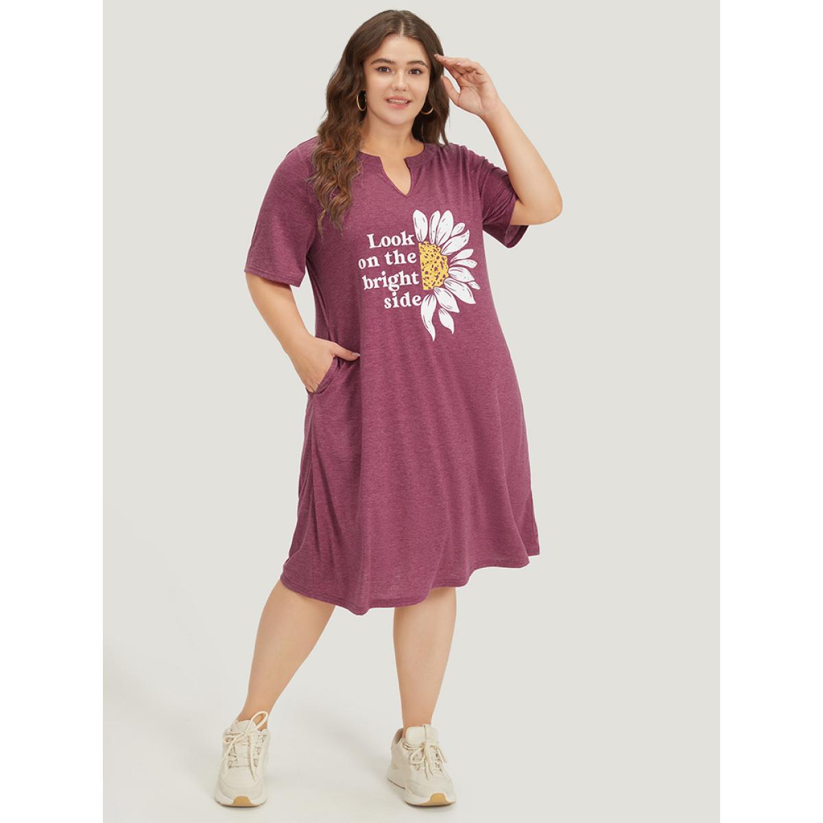 Plus Size Supersoft Essentials Slogan & Sunflower Print Notched Pocket Dress RedViolet Women Casual Plain Curvy Midi Dress BloomChic 18-20/2X Product Image