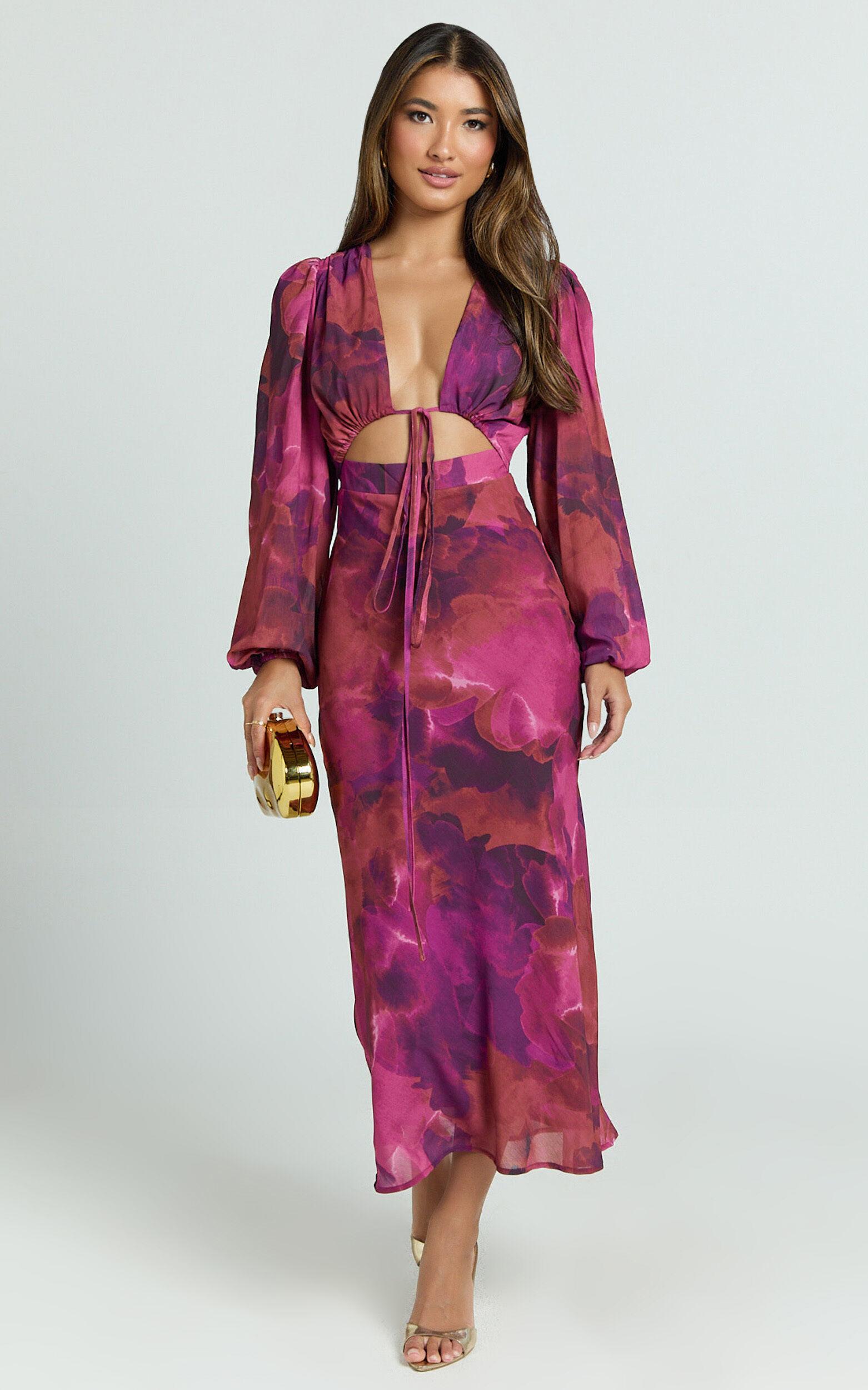 Artola Midi Dress - Front Cut Out Long Sleeve Dress in Blurred Dreams Product Image