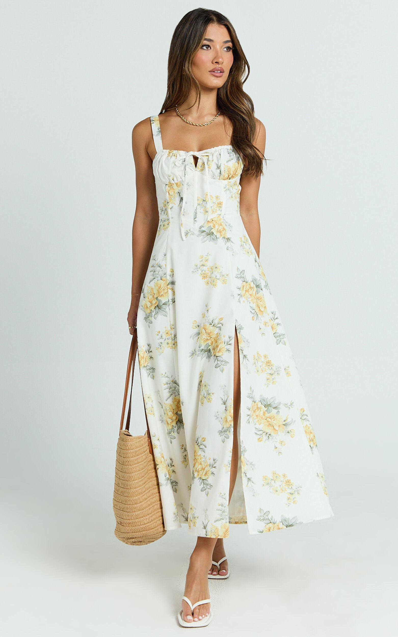 Gretel Midi Dress - Tie Front Corset Leg Split Dress in Antique Florals Product Image