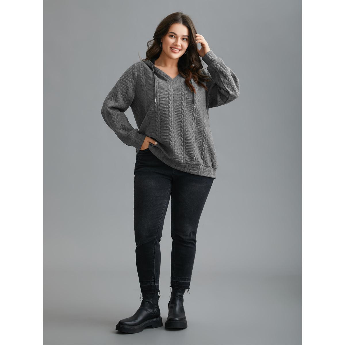 Plus Size Cable Knit V-Neck Ribbed Hem Hoodie Women DimGray Casual Texture Hooded Everyday Sweatshirts BloomChic 14-16/1X Product Image