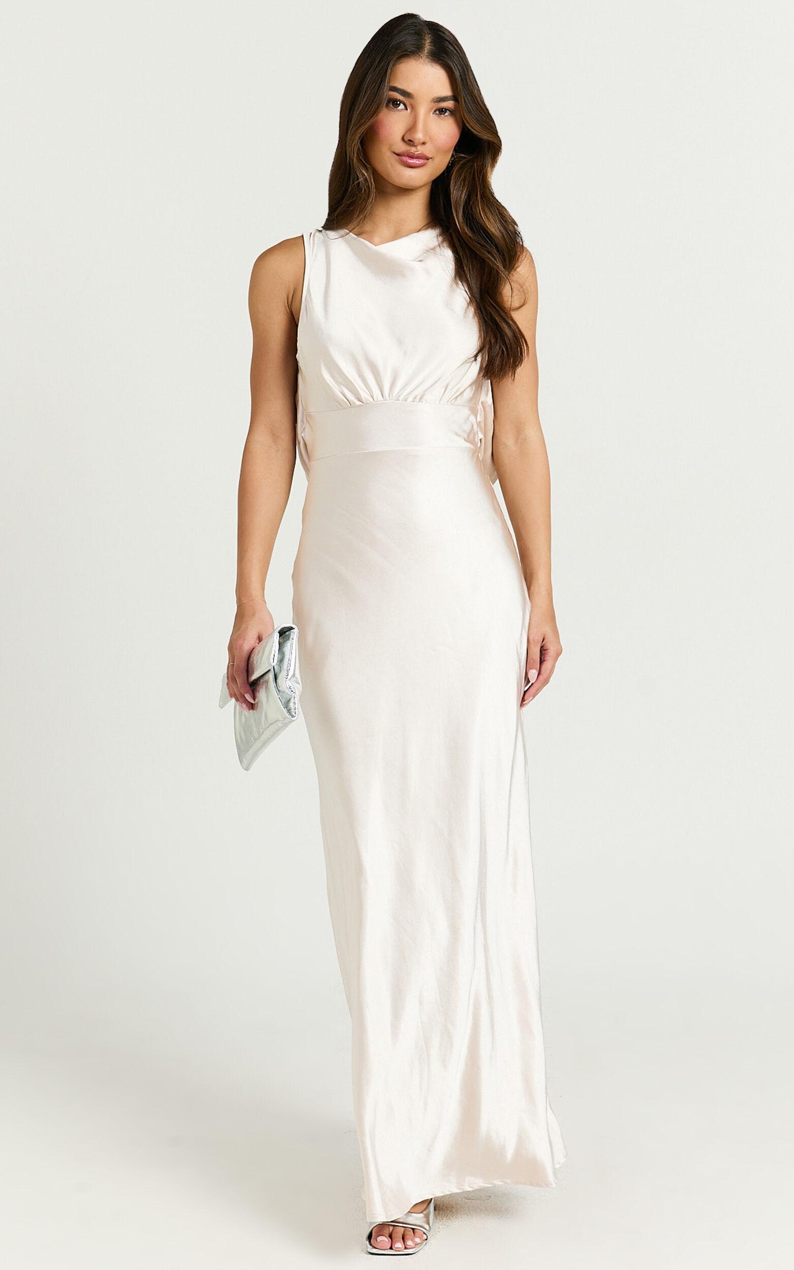 Fheliz Midi Dress - Satin Open Back Dress in Oyster Product Image