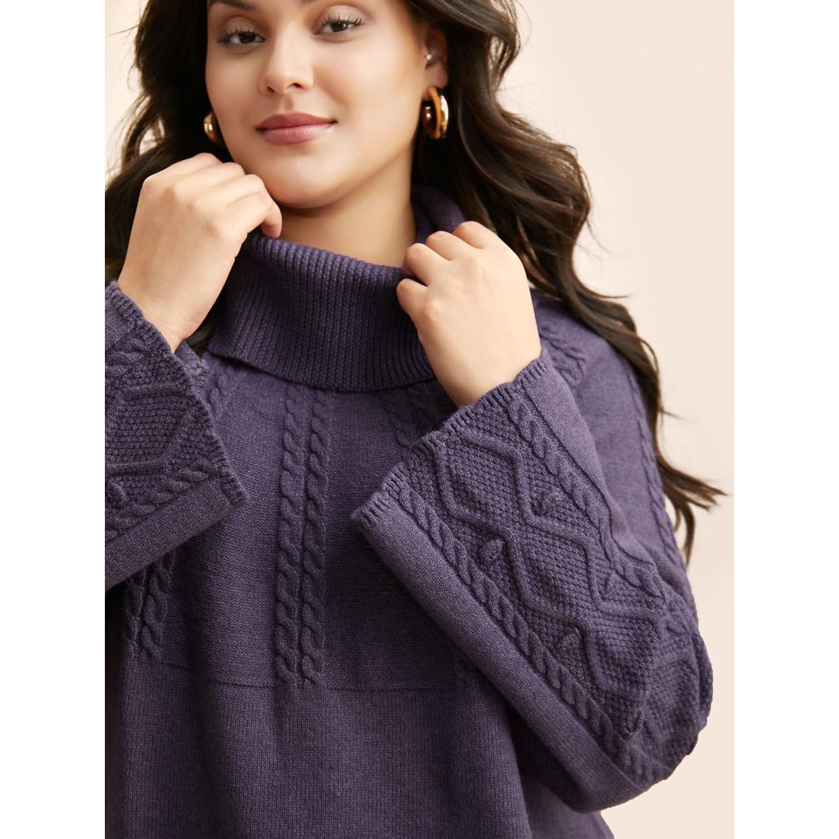 Plus Size Turtleneck Texture Cable Knit Pullover Eggplant Women Leisure Long Sleeve Turtleneck Casual Pullovers BloomChic 12/L Product Image