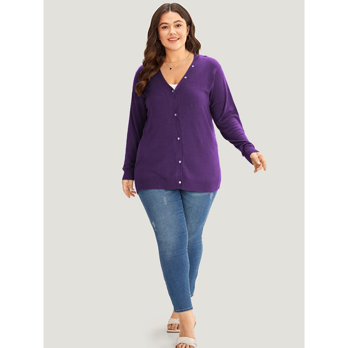 Plus Size Supersoft Essentials Plain Button Detail Very Stretchy Cardigan Blackcurrant Women Casual Loose Long Sleeve Everyday Cardigans BloomChic 28/5X Product Image