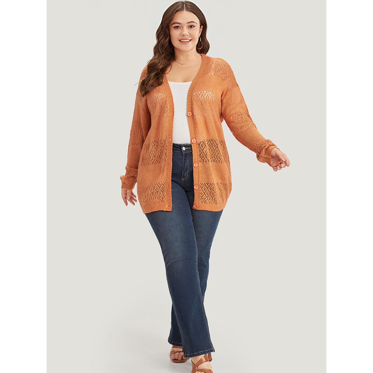 Plus Size Plain Geometric Eyelet Button Through Loose Cardigan Orange Women Casual Loose Long Sleeve Dailywear Cardigans BloomChic 22-24/3X Product Image