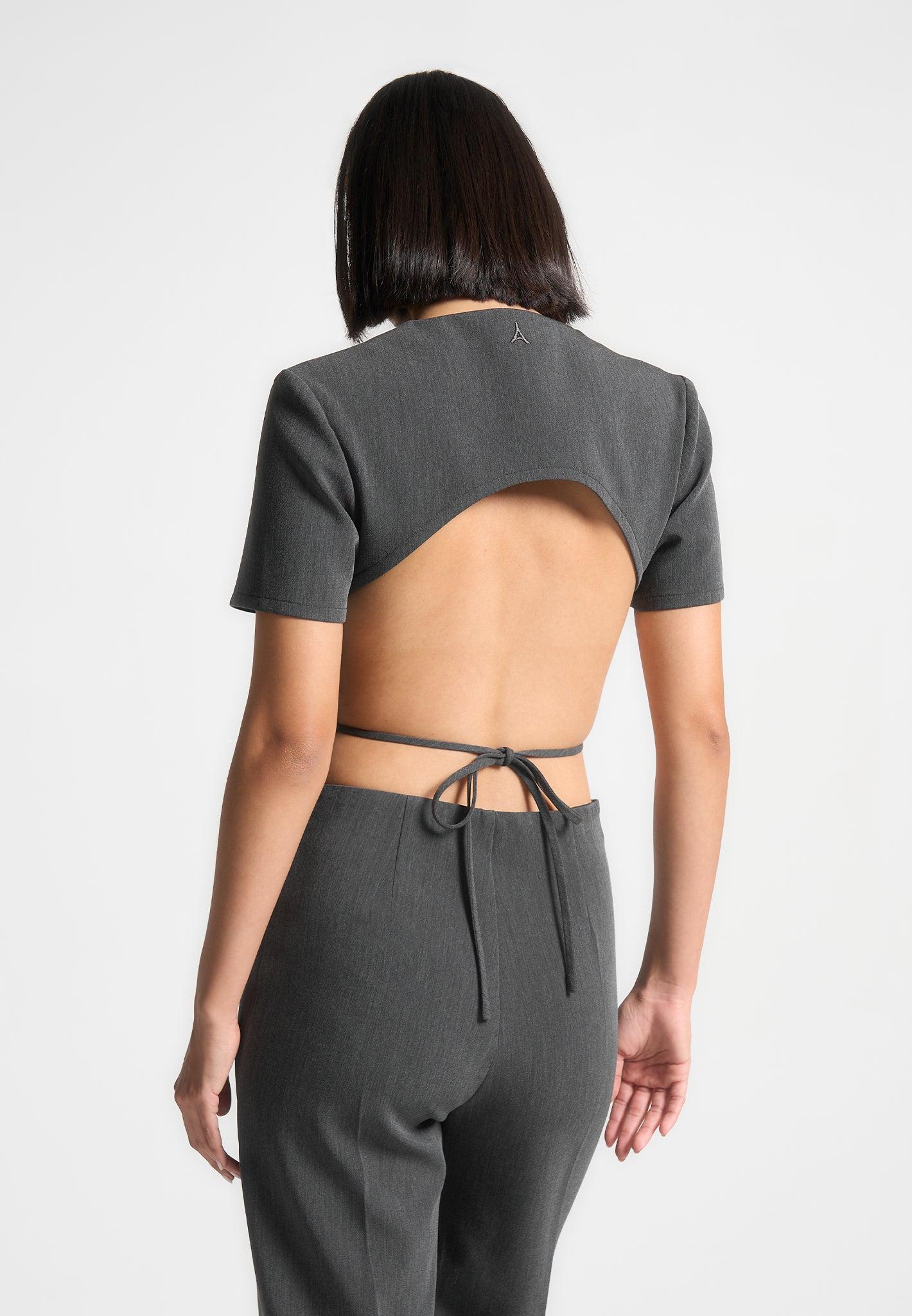 Curved Hem Backless Top with Tie - Dark Grey Female Product Image
